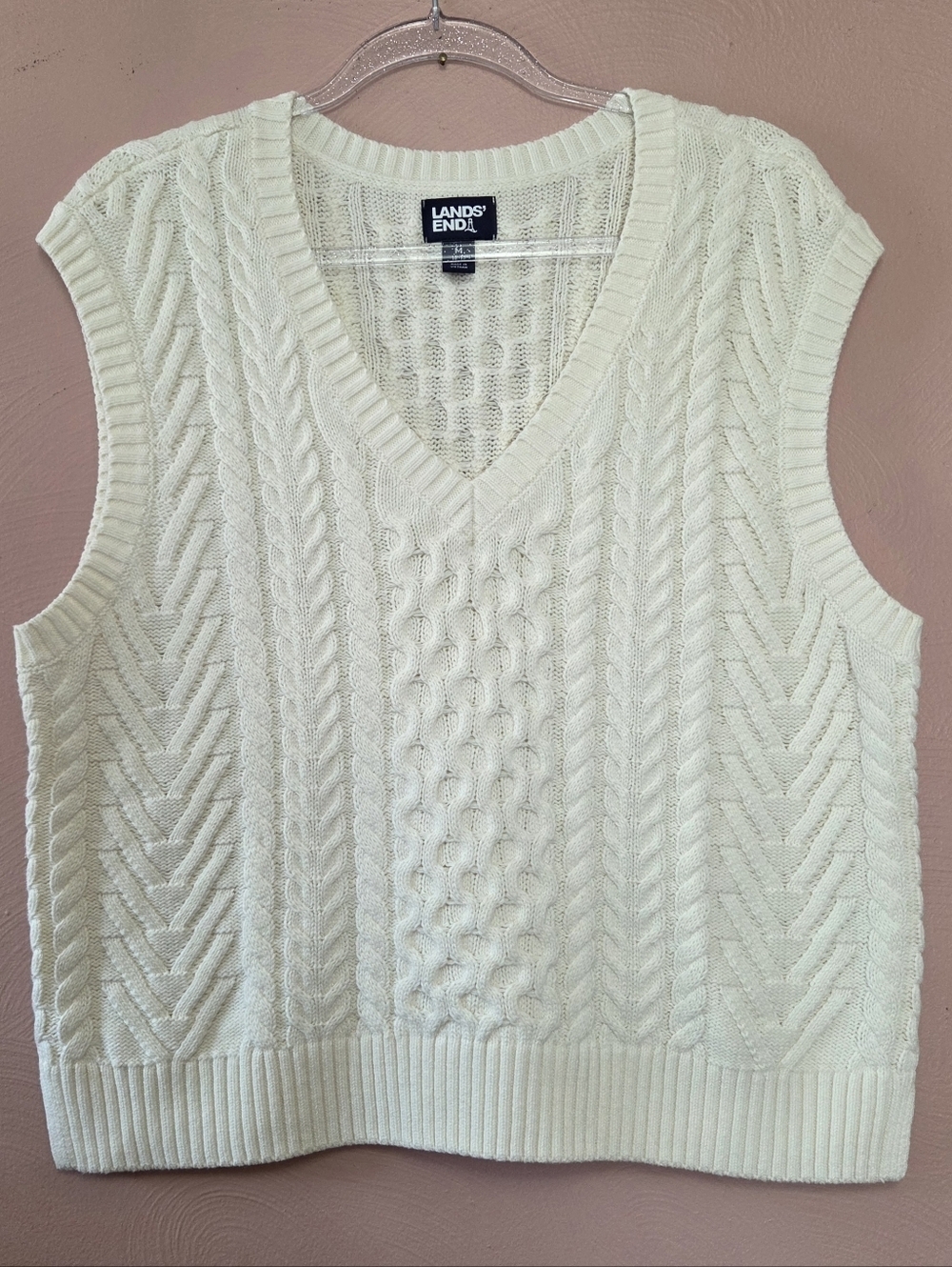 LANDS END Cable Knit Cotton Sweater Vest Medium 10/12